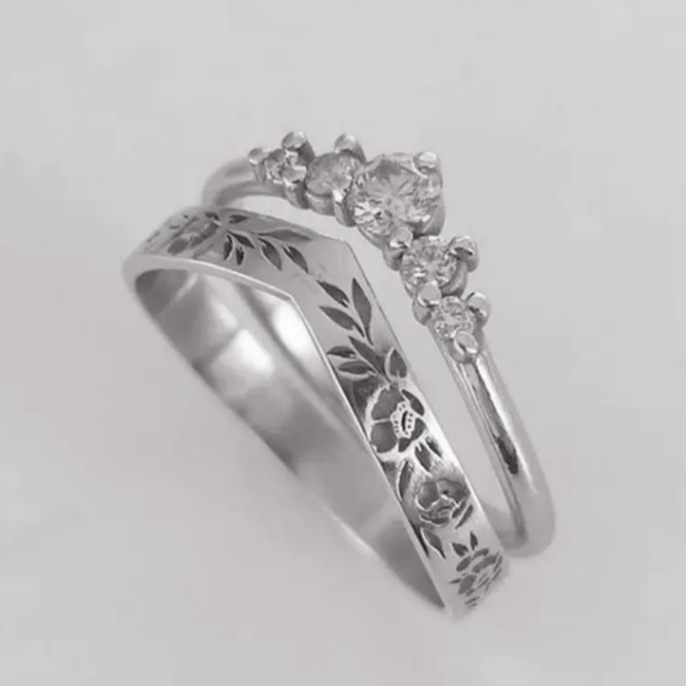 New Silver Tone Floral Engraved Ring Set CZ Stackable Wedding Band Style, T1B1E